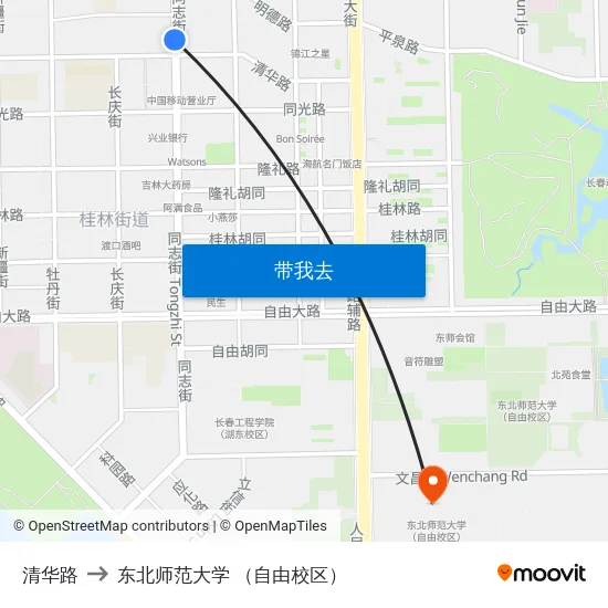 清华路 to 东北师范大学 （自由校区） map