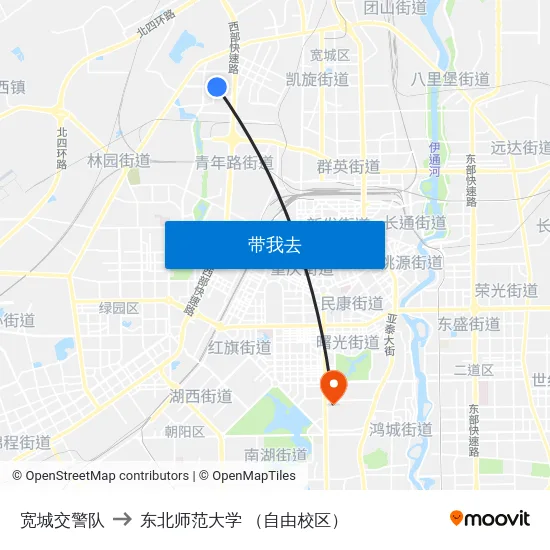 宽城交警队 to 东北师范大学 （自由校区） map