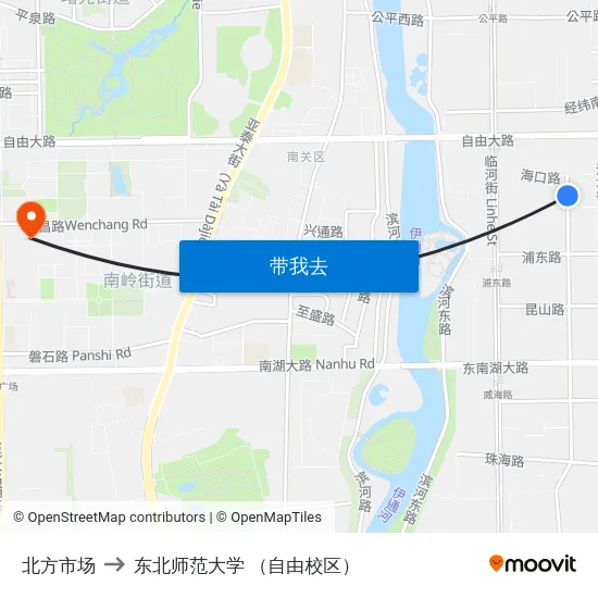 北方市场 to 东北师范大学 （自由校区） map