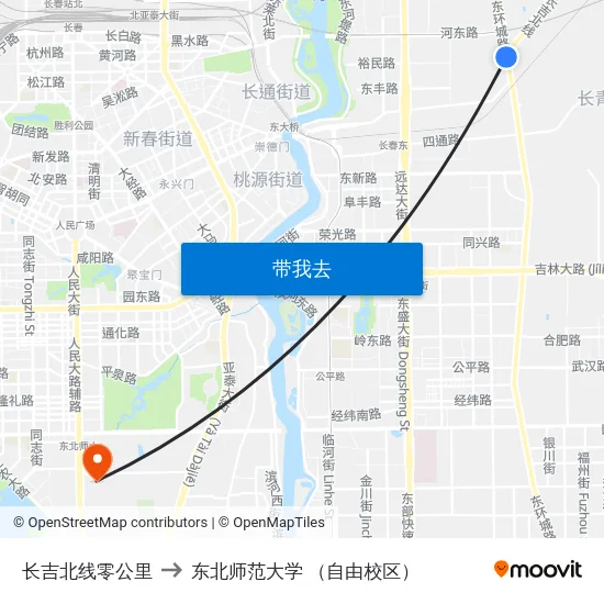 长吉北线零公里 to 东北师范大学 （自由校区） map