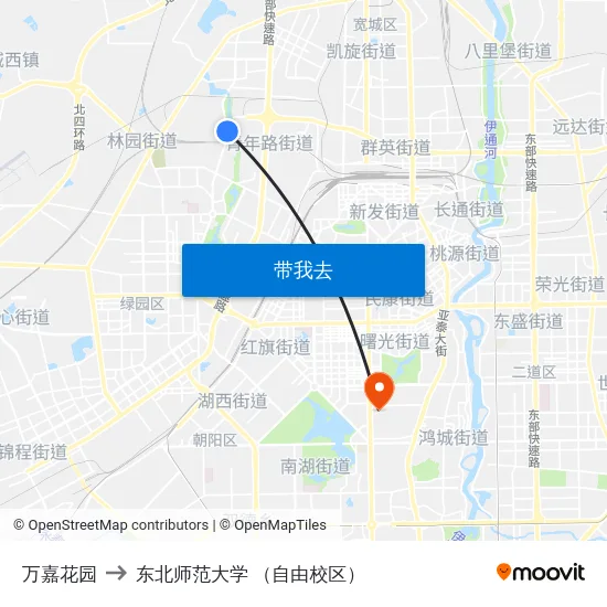 万嘉花园 to 东北师范大学 （自由校区） map