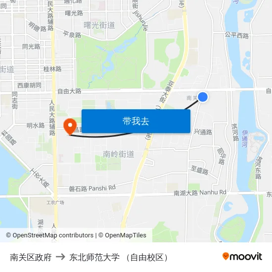 南关区政府 to 东北师范大学 （自由校区） map