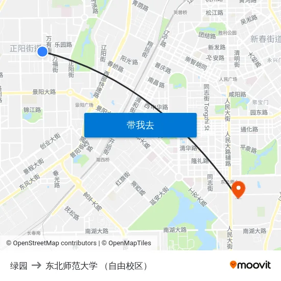 绿园 to 东北师范大学 （自由校区） map