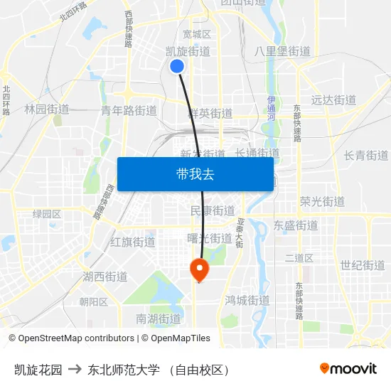 凯旋花园 to 东北师范大学 （自由校区） map