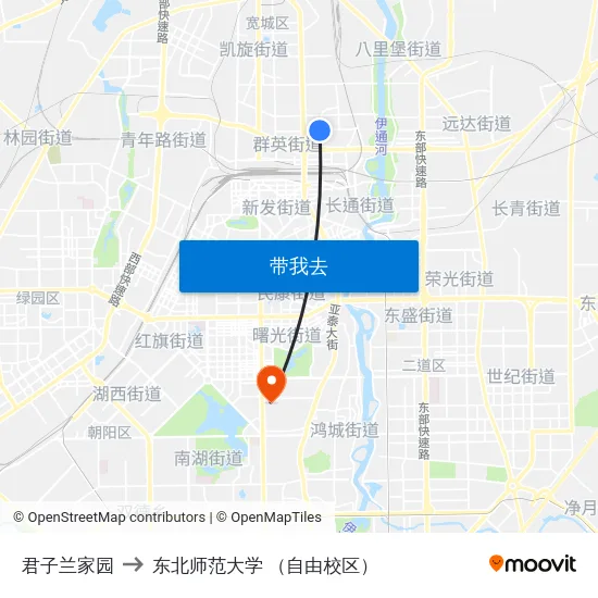 君子兰家园 to 东北师范大学 （自由校区） map