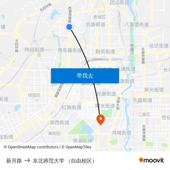 新月路 to 东北师范大学 （自由校区） map