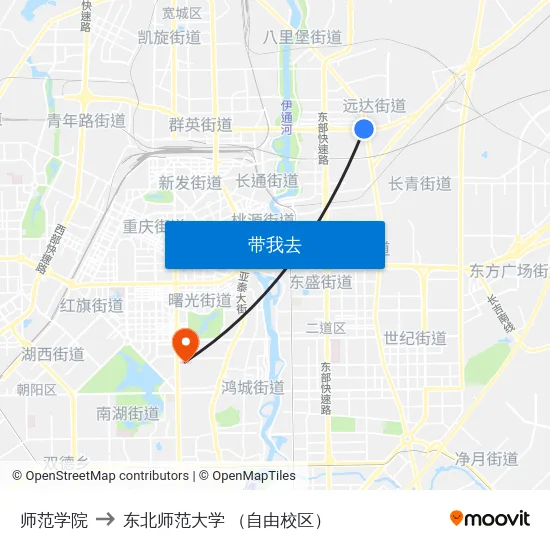 师范学院 to 东北师范大学 （自由校区） map