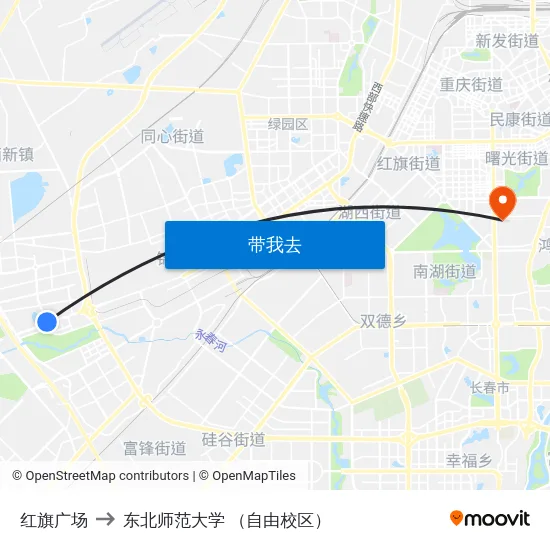 红旗广场 to 东北师范大学 （自由校区） map