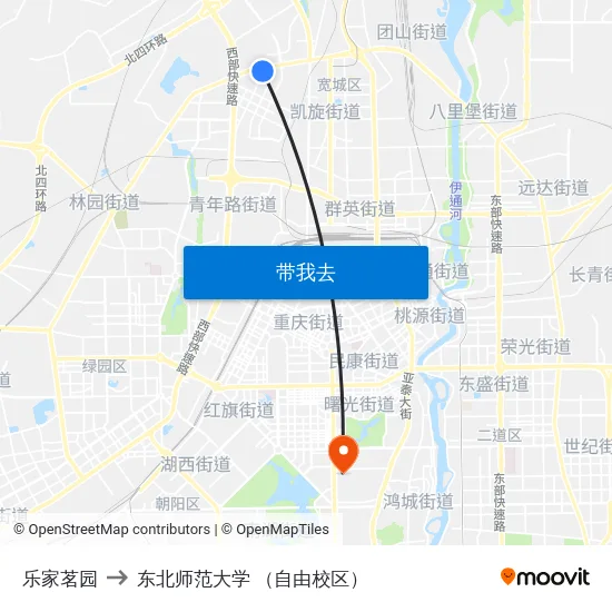 乐家茗园 to 东北师范大学 （自由校区） map