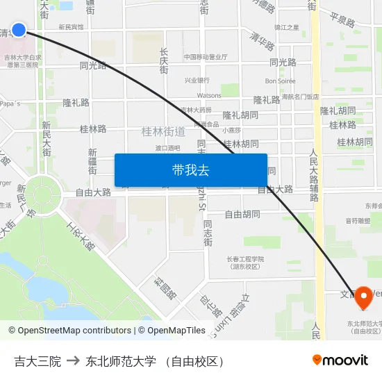 吉大三院 to 东北师范大学 （自由校区） map