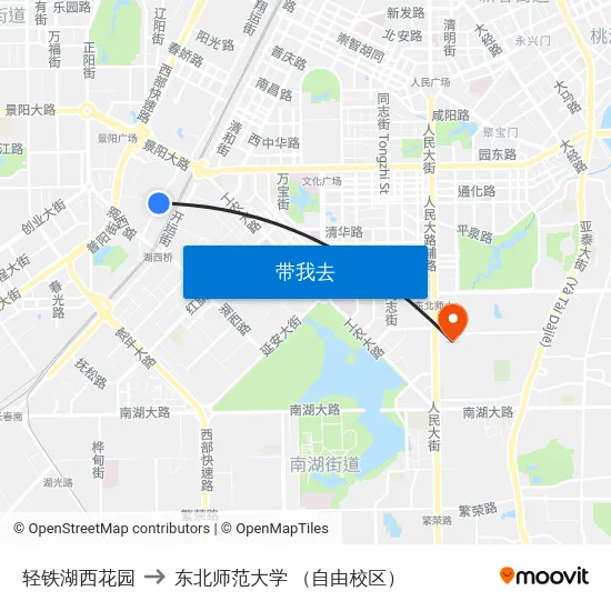轻铁湖西花园 to 东北师范大学 （自由校区） map