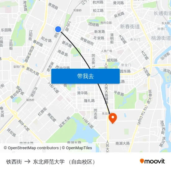 铁西街 to 东北师范大学 （自由校区） map