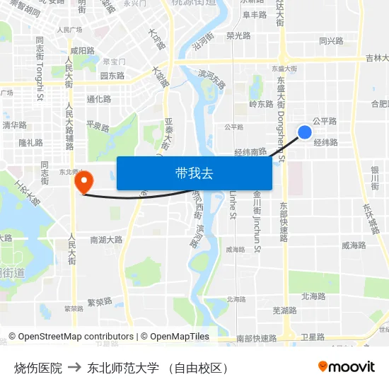 烧伤医院 to 东北师范大学 （自由校区） map
