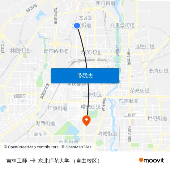 吉林工师 to 东北师范大学 （自由校区） map