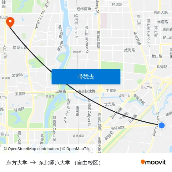 东方大学 to 东北师范大学 （自由校区） map
