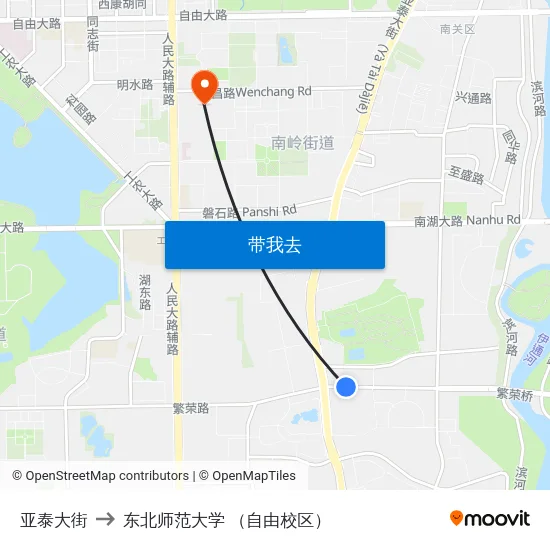 亚泰大街 to 东北师范大学 （自由校区） map