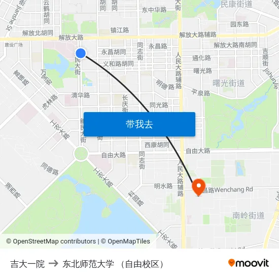 吉大一院 to 东北师范大学 （自由校区） map