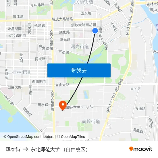 珲春街 to 东北师范大学 （自由校区） map
