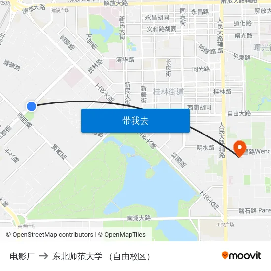 电影厂 to 东北师范大学 （自由校区） map