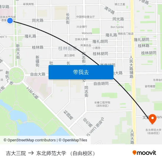 吉大三院 to 东北师范大学 （自由校区） map