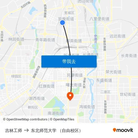 吉林工师 to 东北师范大学 （自由校区） map