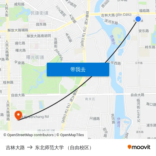 吉林大路 to 东北师范大学 （自由校区） map