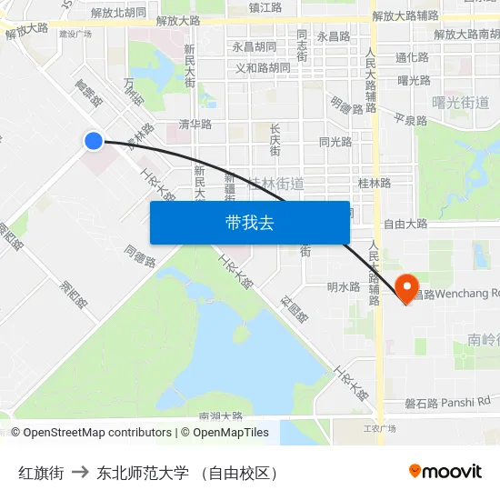 红旗街 to 东北师范大学 （自由校区） map