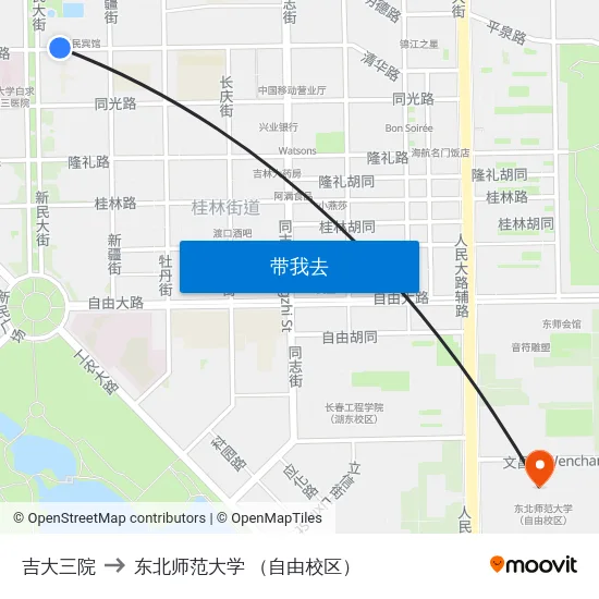吉大三院 to 东北师范大学 （自由校区） map