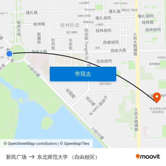 新民广场 to 东北师范大学 （自由校区） map