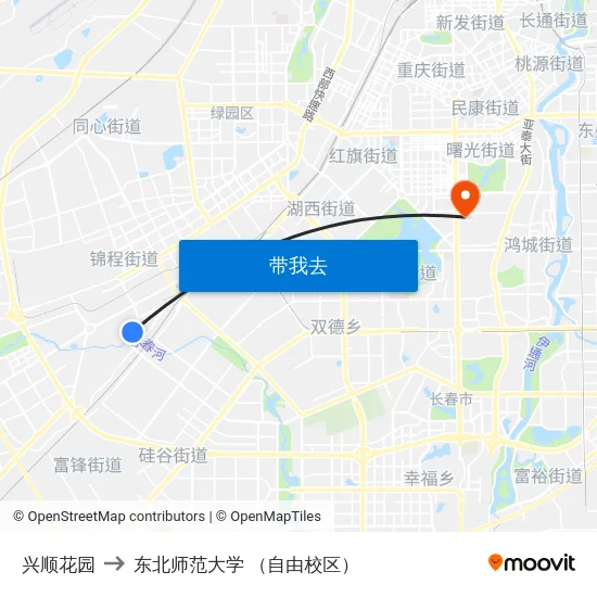 兴顺花园 to 东北师范大学 （自由校区） map
