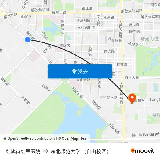红旗街红星医院 to 东北师范大学 （自由校区） map