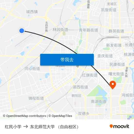 红民小学 to 东北师范大学 （自由校区） map