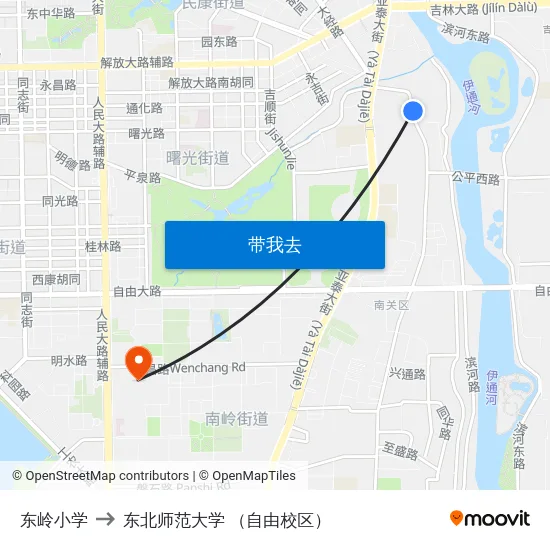 东岭小学 to 东北师范大学 （自由校区） map