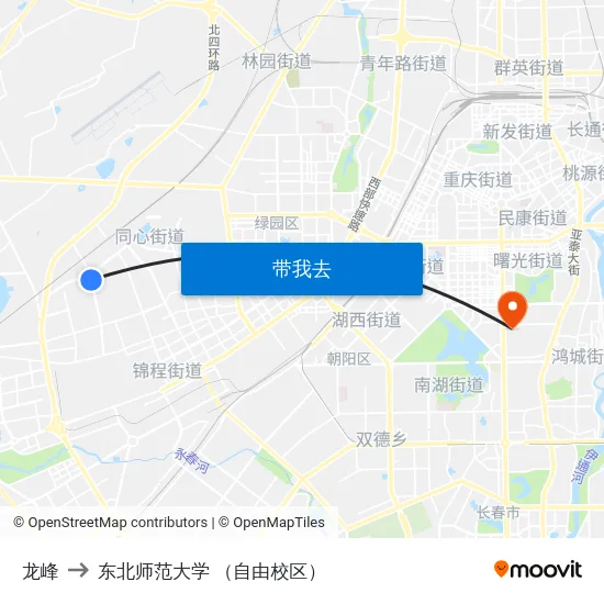 龙峰 to 东北师范大学 （自由校区） map