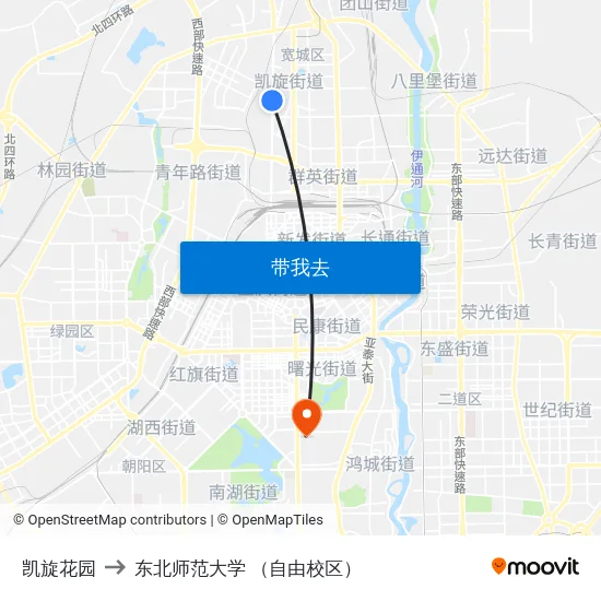 凯旋花园 to 东北师范大学 （自由校区） map