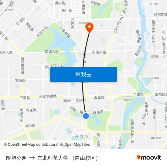 雕塑公园 to 东北师范大学 （自由校区） map