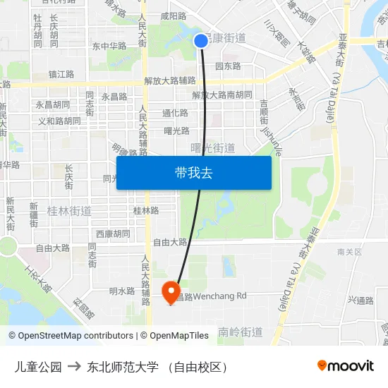 儿童公园 to 东北师范大学 （自由校区） map