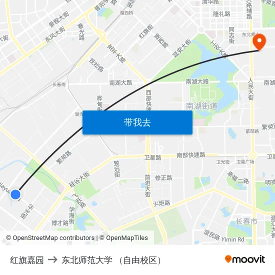 红旗嘉园 to 东北师范大学 （自由校区） map