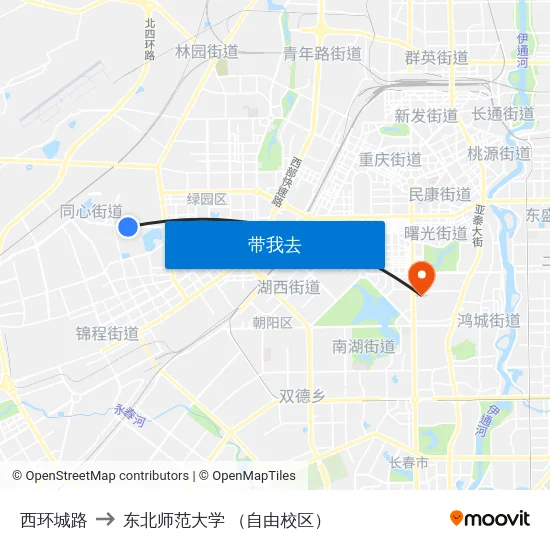 西环城路 to 东北师范大学 （自由校区） map