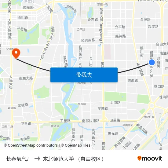 长春氧气厂 to 东北师范大学 （自由校区） map