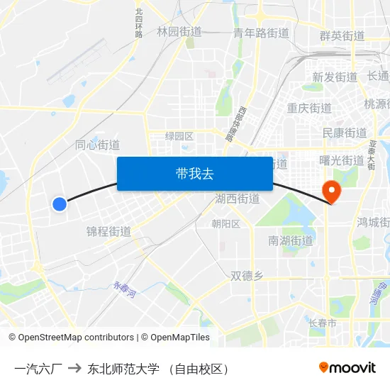 一汽六厂 to 东北师范大学 （自由校区） map