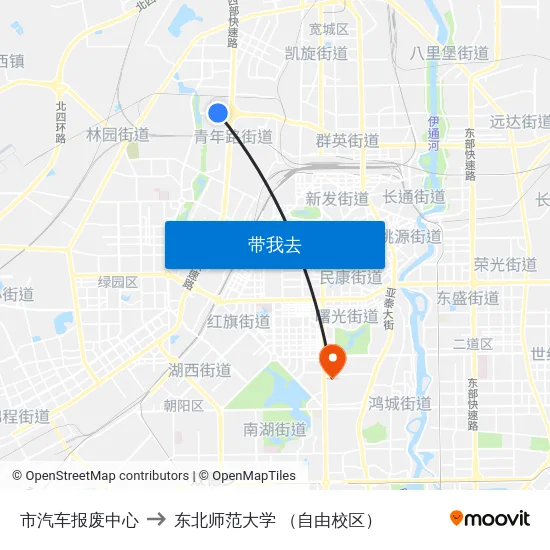 市汽车报废中心 to 东北师范大学 （自由校区） map