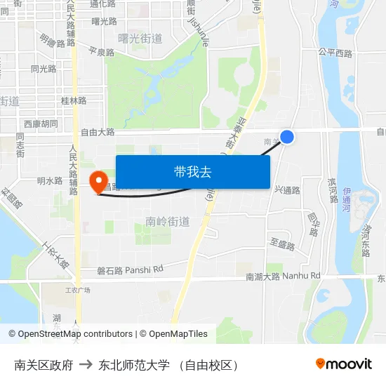 南关区政府 to 东北师范大学 （自由校区） map