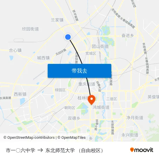 市一〇六中学 to 东北师范大学 （自由校区） map