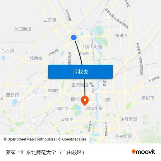 蔡家 to 东北师范大学 （自由校区） map