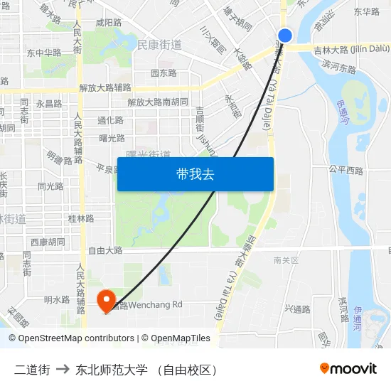 二道街 to 东北师范大学 （自由校区） map