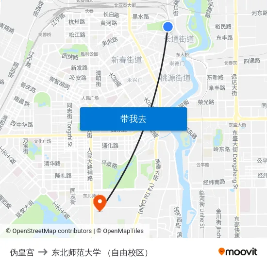 伪皇宫 to 东北师范大学 （自由校区） map