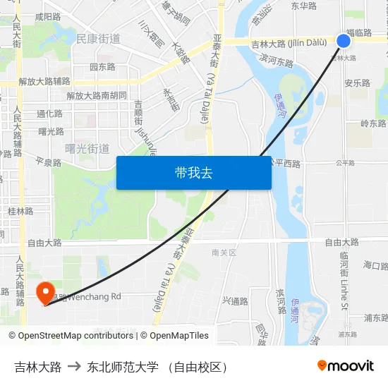 吉林大路 to 东北师范大学 （自由校区） map