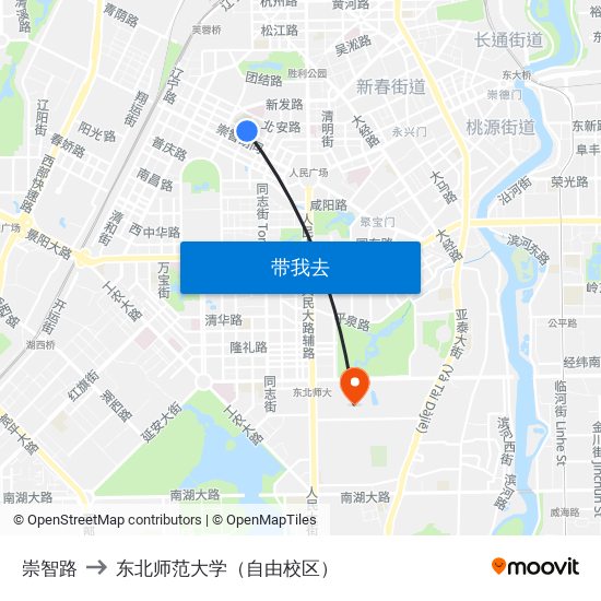 崇智路 to 东北师范大学（自由校区） map