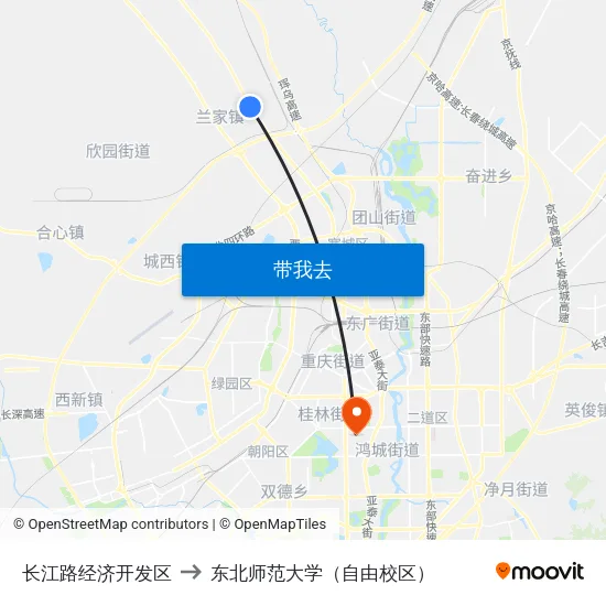 长江路经济开发区 to 东北师范大学（自由校区） map